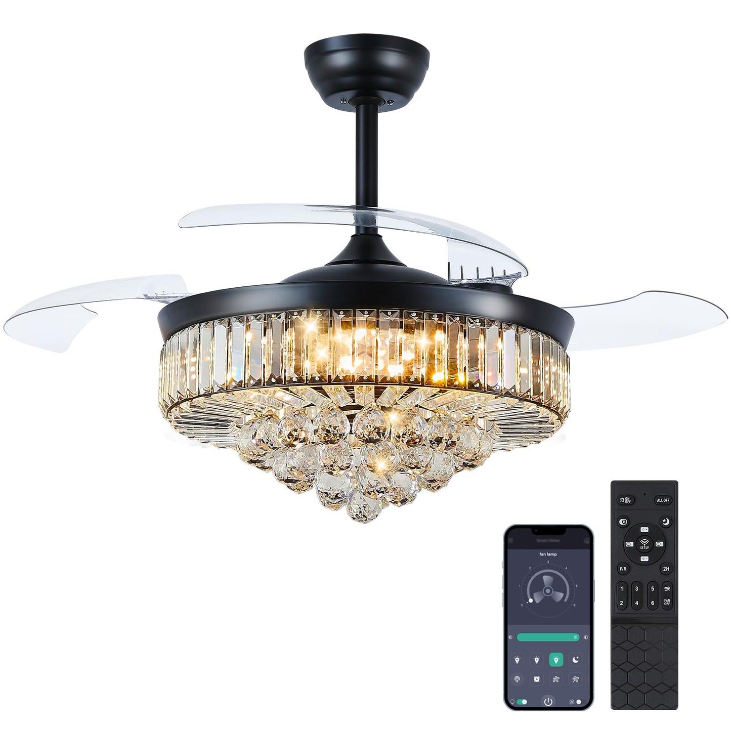 Asyko 48" Black Crystal Chandelier Ceiling Fans with Lights, Modern Retractable Blade Ceiling Fan Light with Remote and APP, Dimmable 3 Light Colors and Reversible Quiet DC Motor