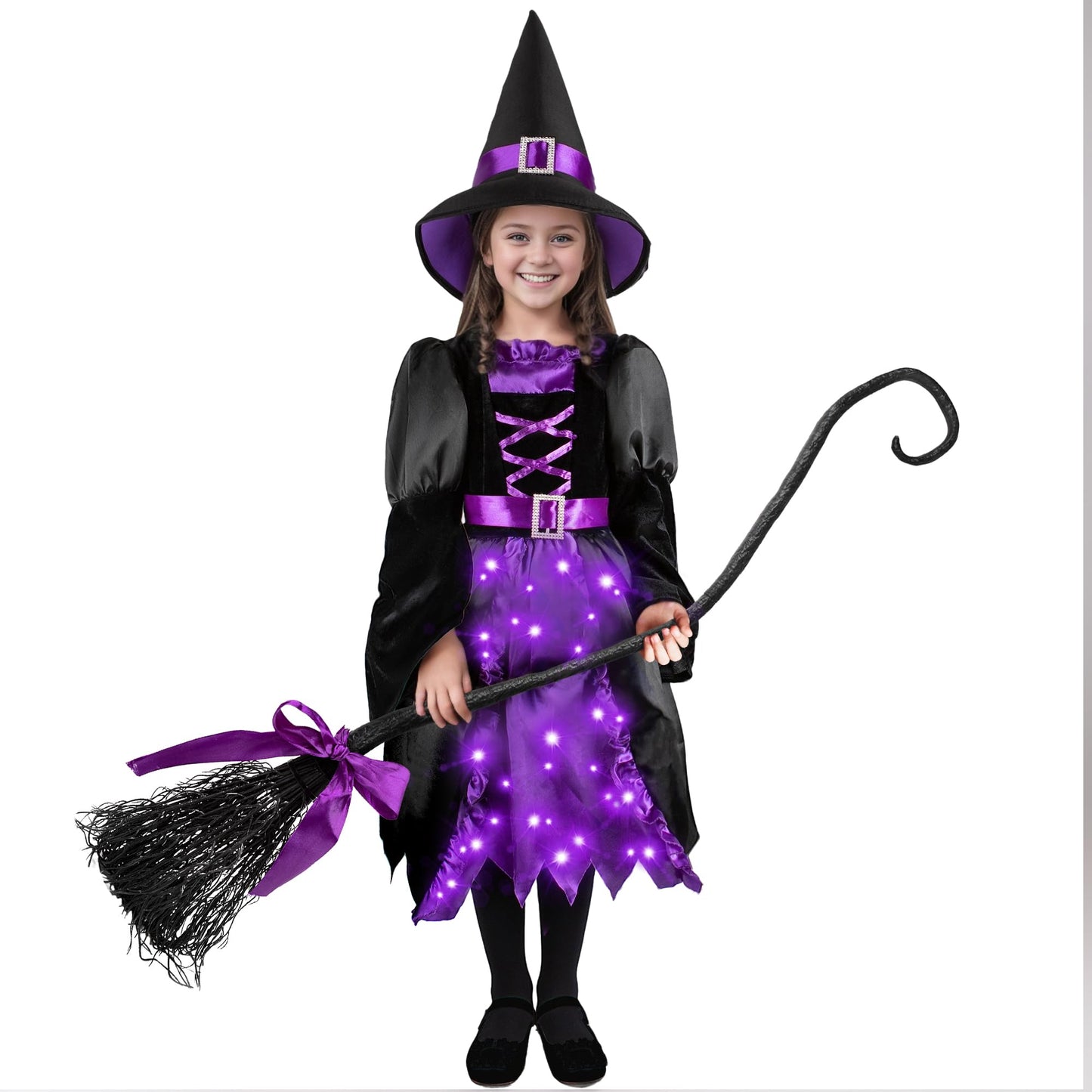 Kiddokids Witch Costume for Girls- Light-Up Dress with Hat & Broom Accessories, Halloween Costume Set for 3-12 Years, Purple Witch Outfit for Halloween Parties & Role Play