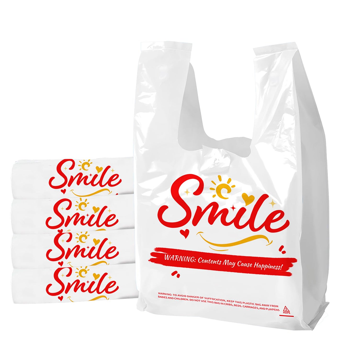 TGEONIX 100 Pack White Smile Plastic Bag - 11.5"x6.5"x21" T-Shirt Grocery Bags with Handles, Cheerful Alternative to Thank You Bags, Bulk for Retail, Supermarkets & Small Business