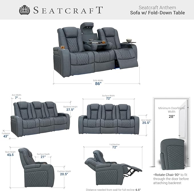Seatcraft Anthem Italian Leather Sofa w/Fold-Down Table & Loveseat w/Storage Console, Living Room, Power Headrest, Power Recline, Smokey Blue