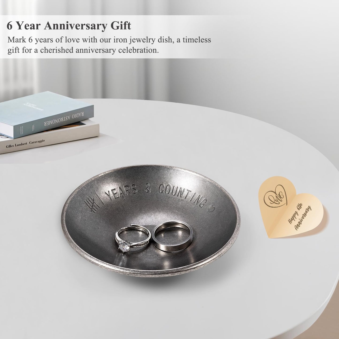Urllinz Iron Gifts for 6th Anniversary for Him Her - 6 Year Anniverdary Jewelry Tray Decor for Couples Wife, Iron Ring Holder Dish&Gift Box, 4"