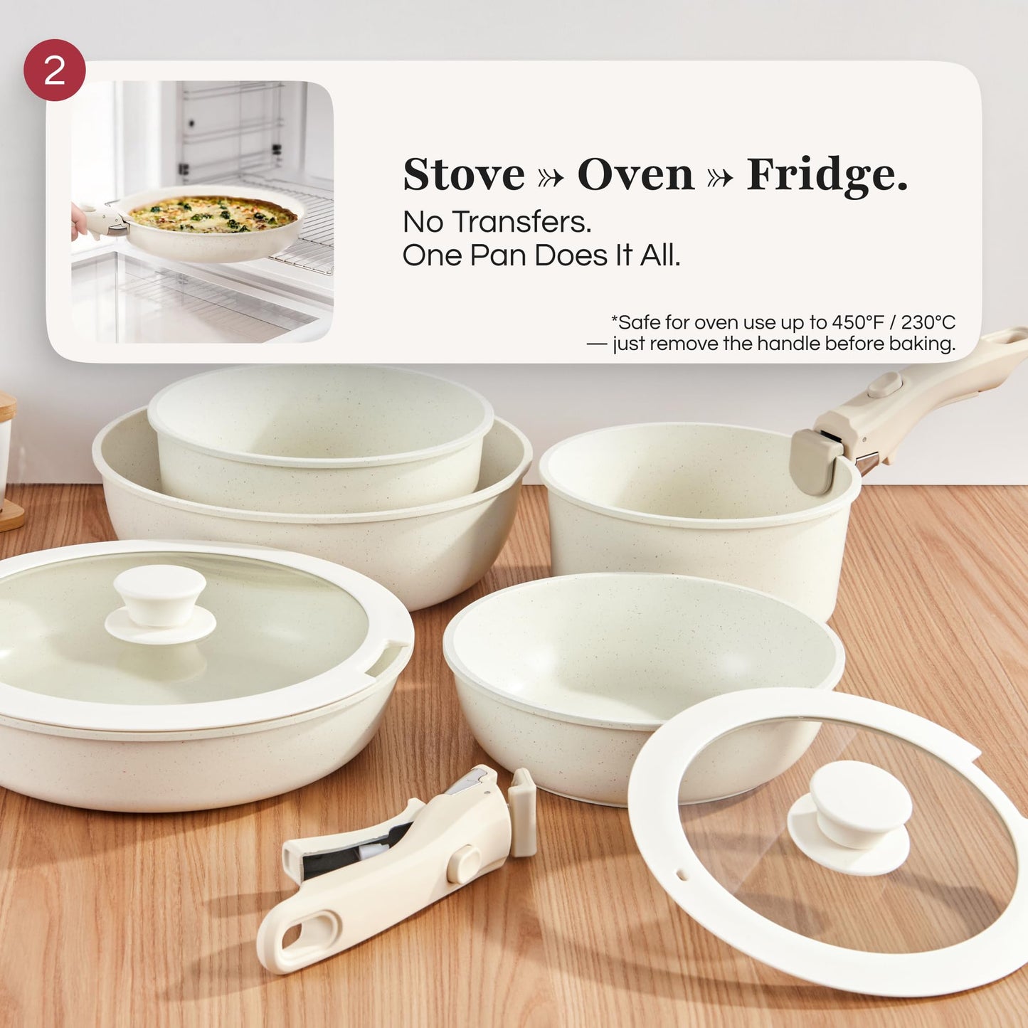 GOURMETIFIC® Pots and Pans Cookware Set [11 PIECES] - Non Toxic Ceramic Coated Cooking Ware - Induction, Gas & Oven Kitchenware - Non Stick Pot & Pan with Removable Handles & Stackable (Cream)