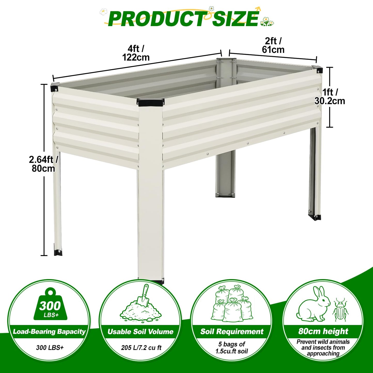 Galvanized Raised Garden Bed with Legs 2 Pack, 48x24x32in Elevated Raised Garden Bed Outdoor with Drainage Holes, Planter Boxes for Gardening Vegetable Flower Fruit in Backyard, Patio, Balcony (White)
