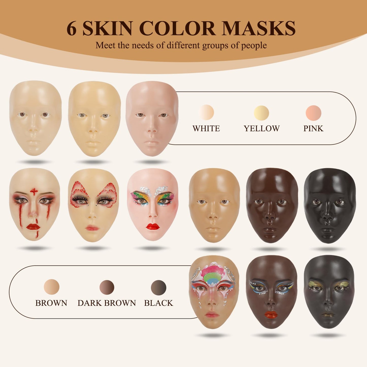 Brown Makeup Practice Board - Face Painting Set with 1 Face, 2 Makeup Brushes for Stage, Halloween & Beginners