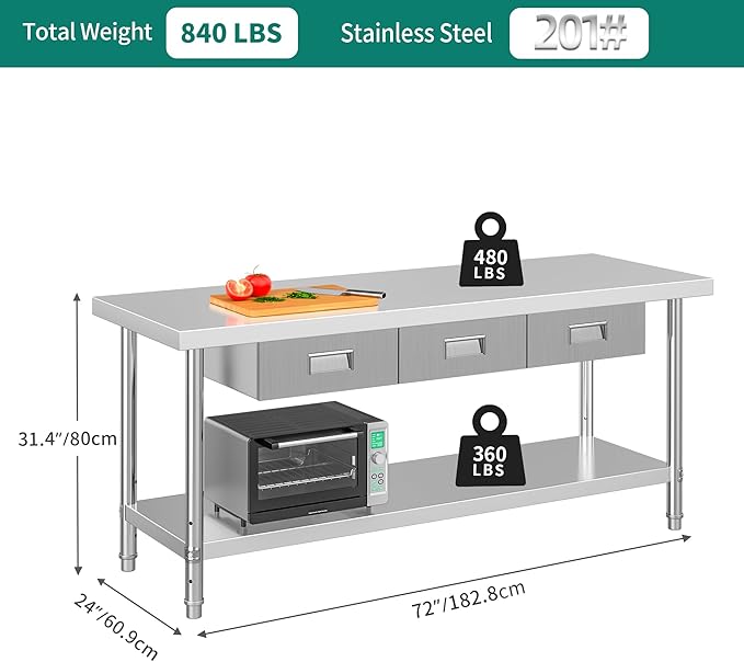 YITAHOME 72" X 24" Stainless Steel Table with 3 Drawers, NSF Work Table with Drawer, Metal Table Prep Table for Home Kitchen Restaurant Garage Warehouse