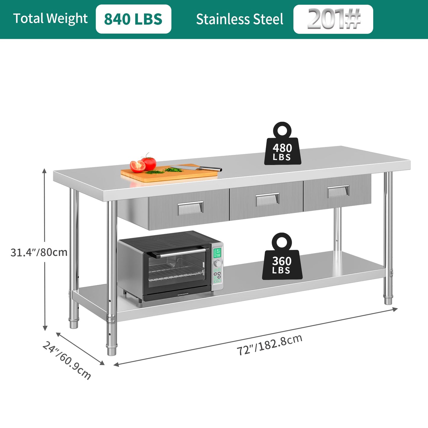 YITAHOME 72" X 24" Stainless Steel Table with 3 Drawers, NSF Work Table with Drawer, Metal Table Prep Table for Home Kitchen Restaurant Garage Warehouse