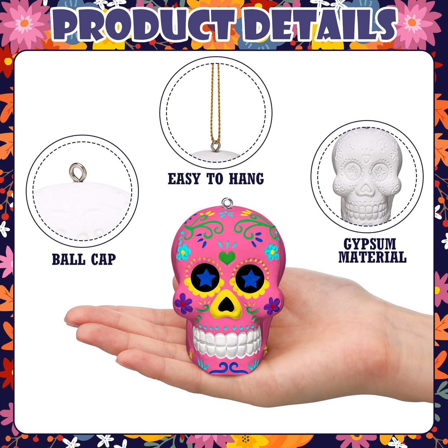 RoundFunny 12 Pcs Day of The Dead Sugar Skull Crafts for Adults Ceramic to Paint 3D Statues Ornaments Ready to Paint Your Own Skull Figurines Unpainted Plaster for DIY Project Arts Activity Decor