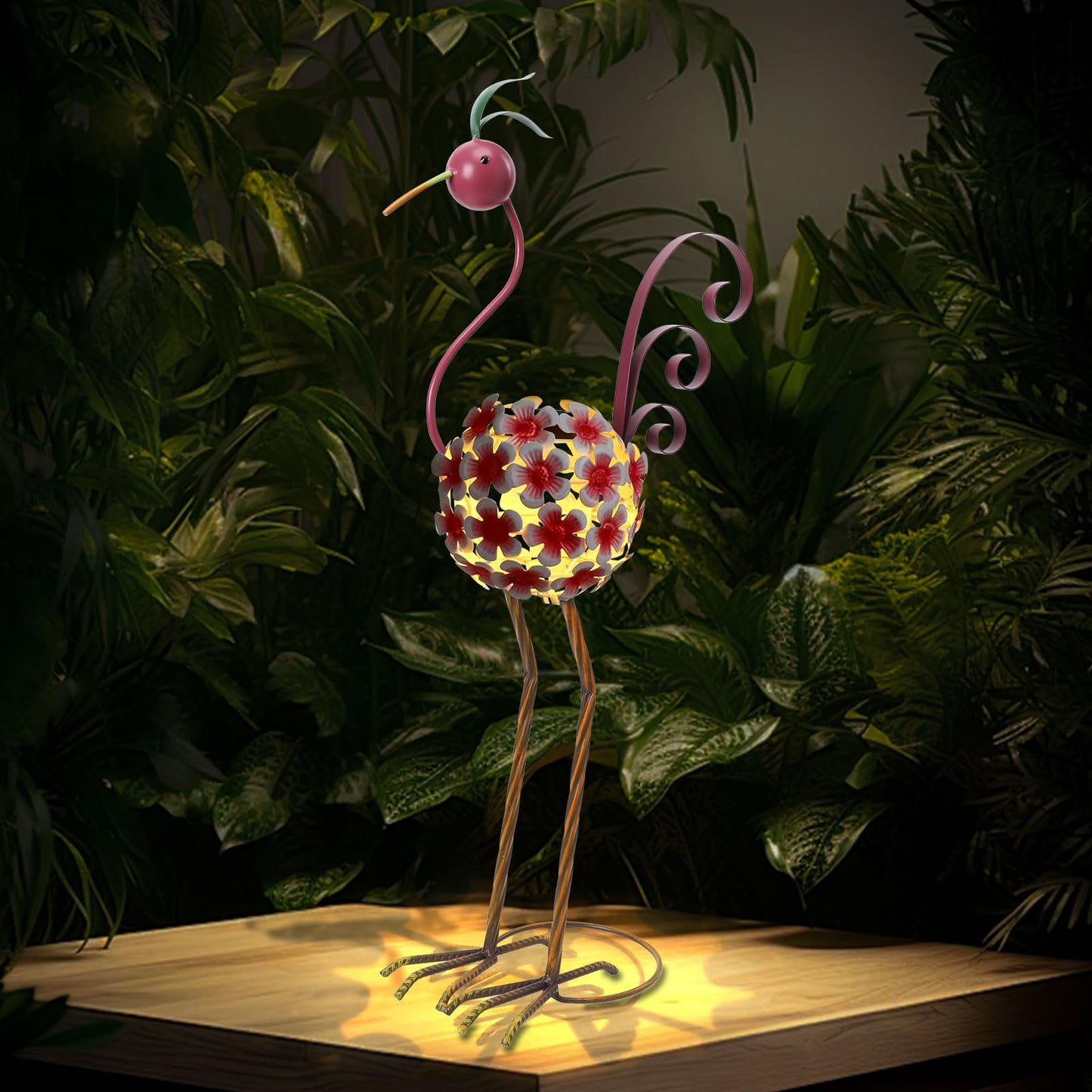 Afirst Solar Flamingo Outdoor Decor Metal Flamingo Figurine Light with Flowers Pink Flamingos Solar Sculptures & Statues for Yard Outdoor Lawn Decoration