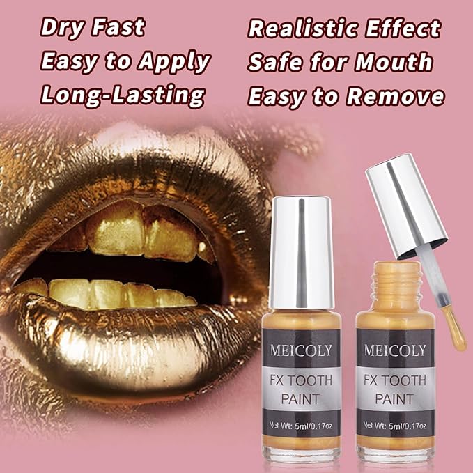 MEICOLY Gold Tooth Paint,Rotten Decayed Cruddy Missing Teeth Makeup,Professional Cosplay Teeth,Temporary Teeth Paint for Halloween SFX Special Effects Makeup,Dry Fast,Safe for Mouth,Long Lasting