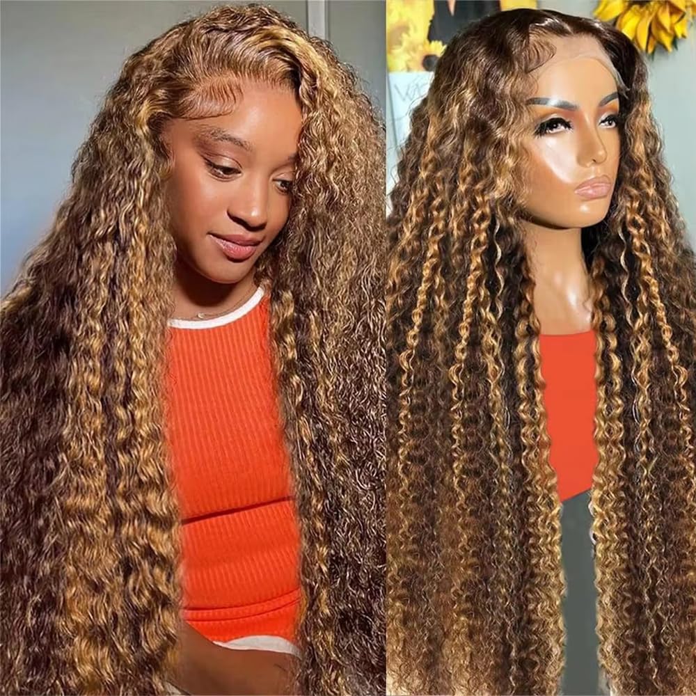 KFgood Ombre Lace Front Wig Human Hair 24inch Highlight 13x4 HD Deep Wave Wig Human Hair 200% Density 4/27 Colored Honey Blonde