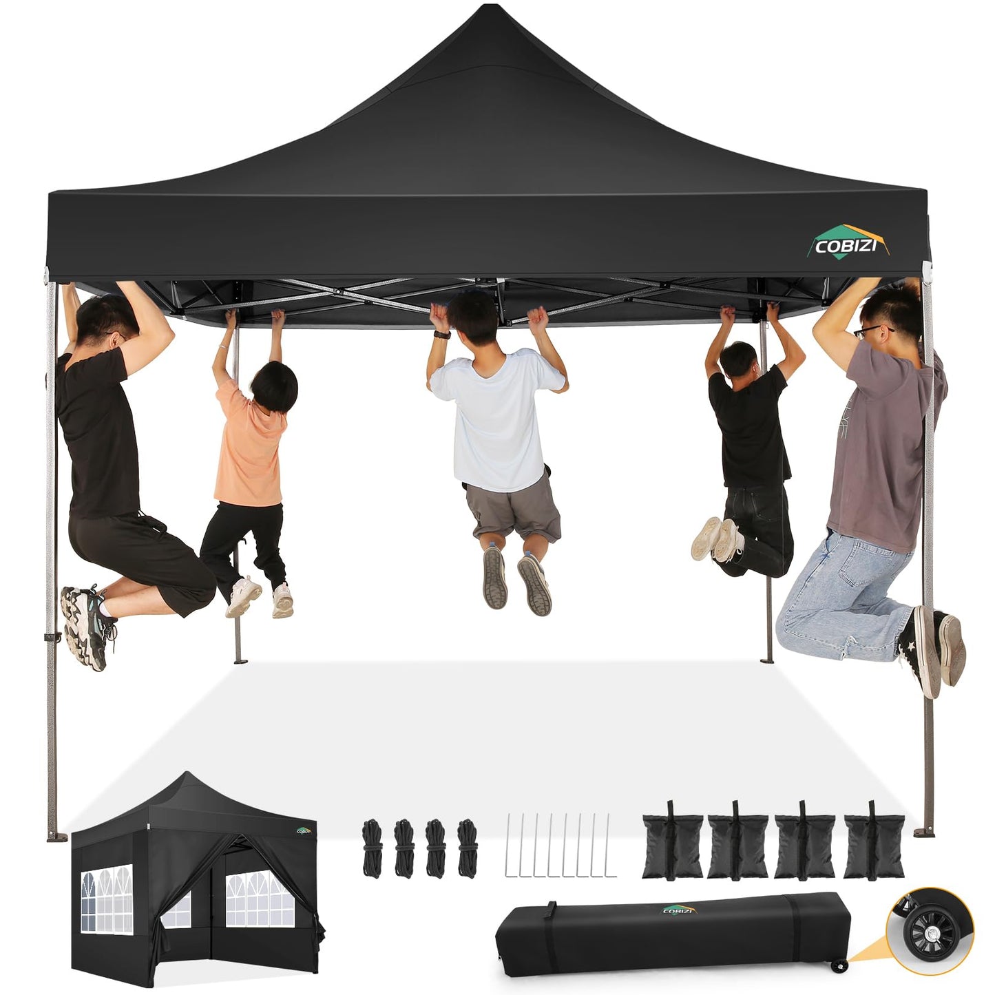 COBIZI 10x10 Pop Up Canopy Tent with 4 sidewalls Commercial Heavy Duty Canopy UPF 50+ All Weather Waterproof Outdoor Canopy Wedding Tents for Parties Gazebo with Roller Bag, Black (Windproof Upgraded)