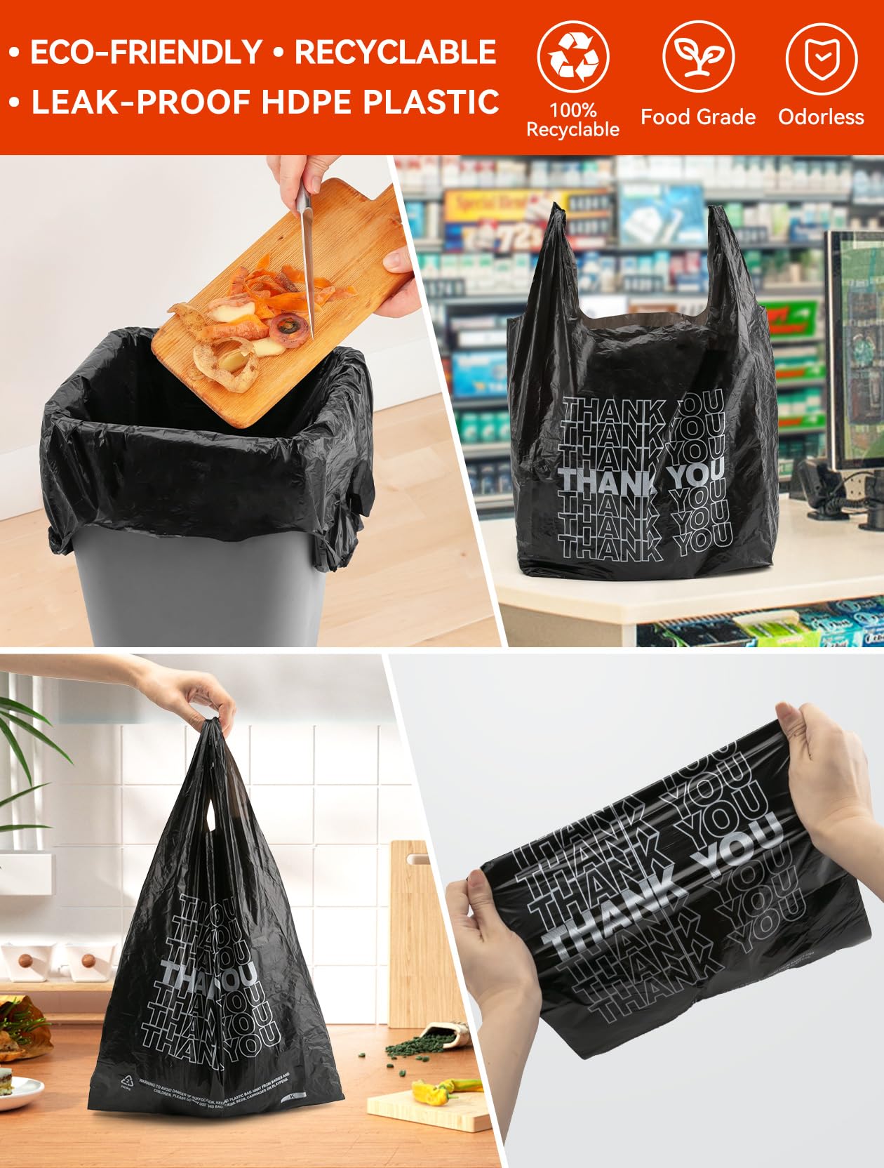 UMT Plastar 300 Count Thank You Plastic Bags, 12" x 6" x 22", 15 Mic Black Grocery Bags with Handles, Ideal for Restaurants, Retail, Grocery Stores, Takeout, Convenience Stores