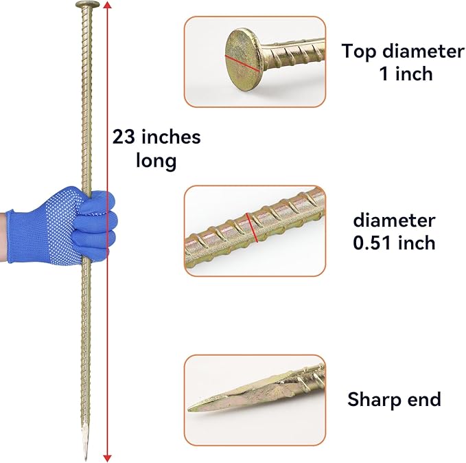 JPOIP 23-Inch Long Rebar Stakes - 1/2 Inch Diameter Heavy Duty Galvanized Steel Ground Asphalt Anchors for Speed Bump, Wheel Stop, Tent and More (10)
