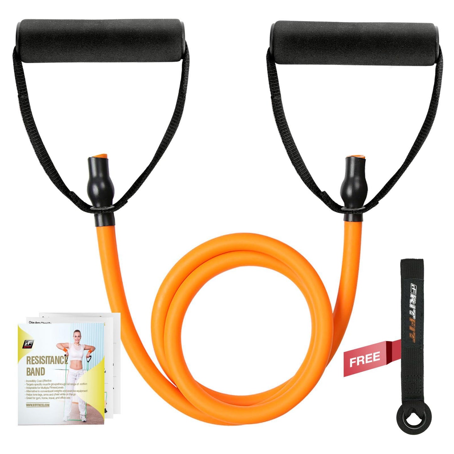 RitFit Single Resistance Exercise Band with Comfortable Handles - Ideal for Physical Therapy, Strength Training, Muscle Toning - Foam Padding Door Anchor and Starter Guide Included (Orange(30-35lbs))