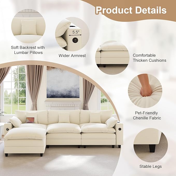 KCGKCG 116" Modular Sectional Sofa, L Shaped Cloud Couch with Movable Ottoman, Chenille Deep Seat Cloud Sofa with Charging Station, Cup Holder, Side Pocket, Sectional Couches for Living Room, Beige