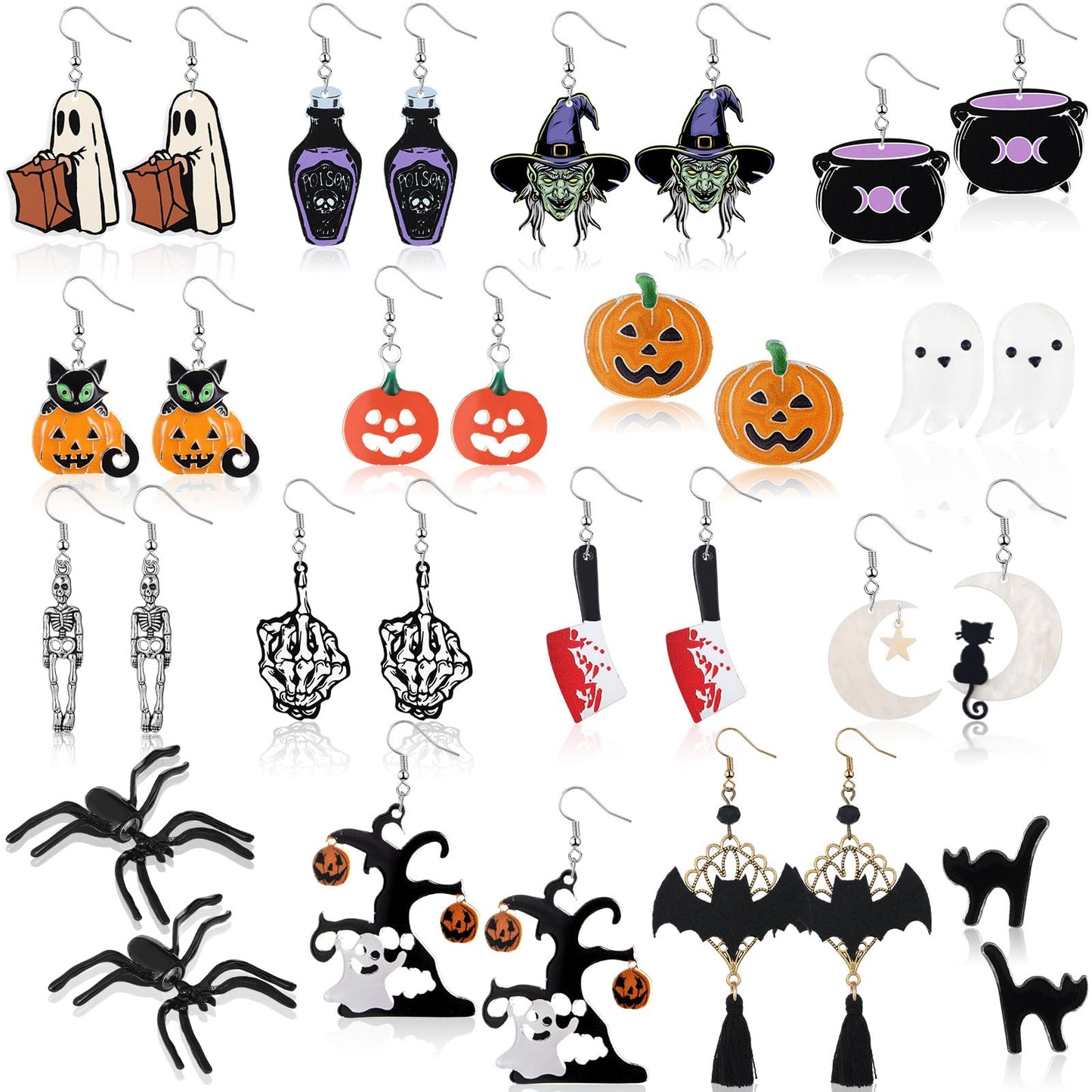 Kigeli 16 Pairs Halloween Earrings Ghost Pumpkin Bat Cat Earrings Gothic Cute for Women(Classic Style)