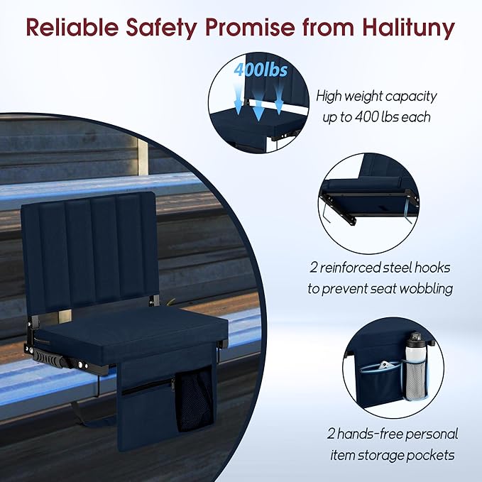 Halituny Stadium Seat for Bleachers with Back Support, Portable Bleacher Seat with Wide Comfy Padded Cushion, Metal Hook, Folding Stadium Chair with Shoulder Strap, Carry Handle, Cup Holder