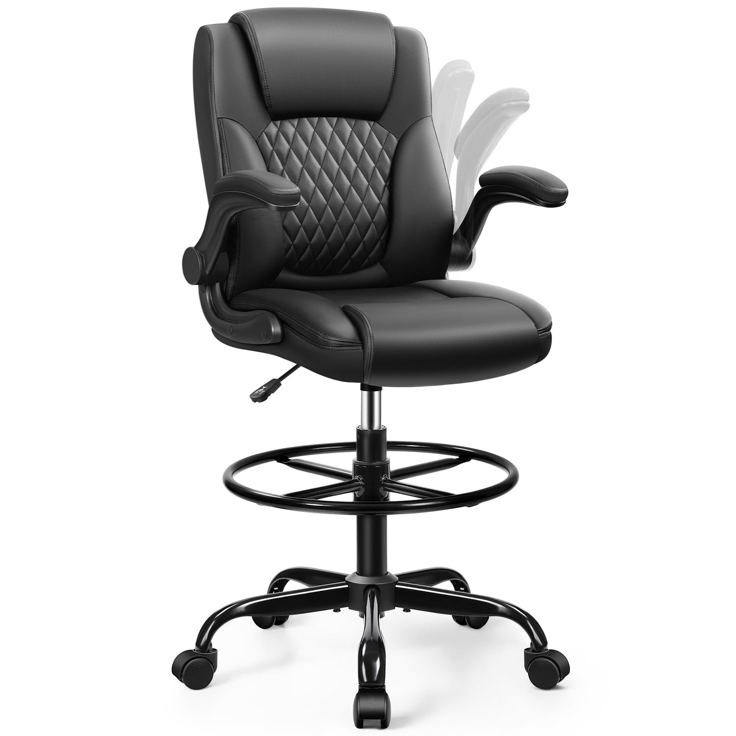 Drafting Chair,Tall Office Chair for Standing Desk,High Executive Leather Ergonomic Computer Chair with Adjustable Height and Flip-Up Armrest for Counter Height Desk,Black