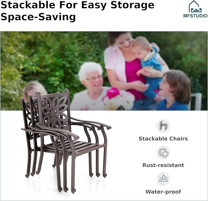 MFSTUDIO Cast Aluminum Outdoor Dining Chairs Set of 2, Stackable Patio Chairs with Extra Wide Seat and 2.8" Cushion, Brown Metal Dining Chairs for Table, Yard, Deck, 350lbs