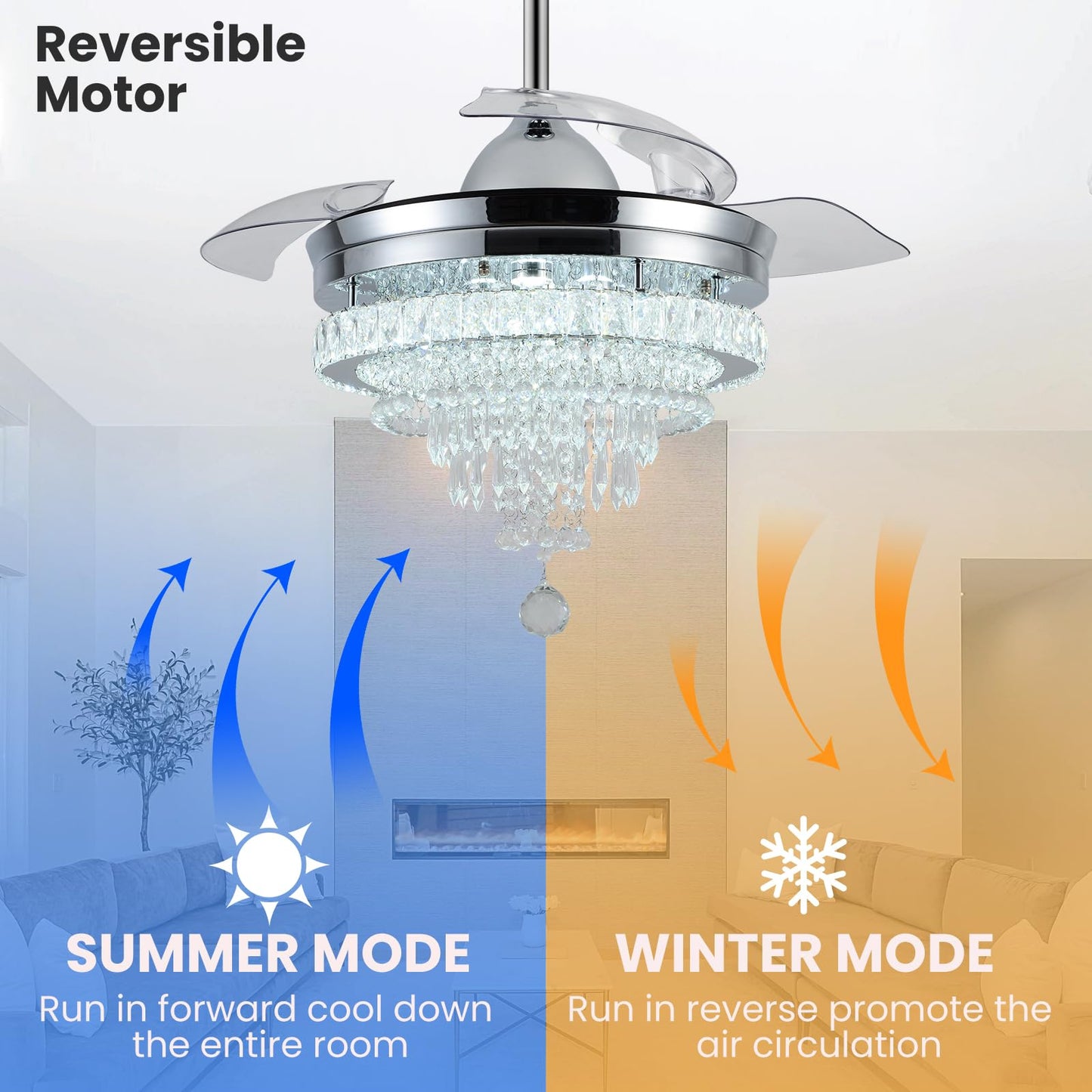 LEONTYNE 42" Modern Crystal Chandelier Ceiling Fan with Light & Remote,Dimmable LED Fandelier for Bedroom Living Room,3 Color Temperatures,6 Speeds,Retractable Blades,Timing & Memory Function