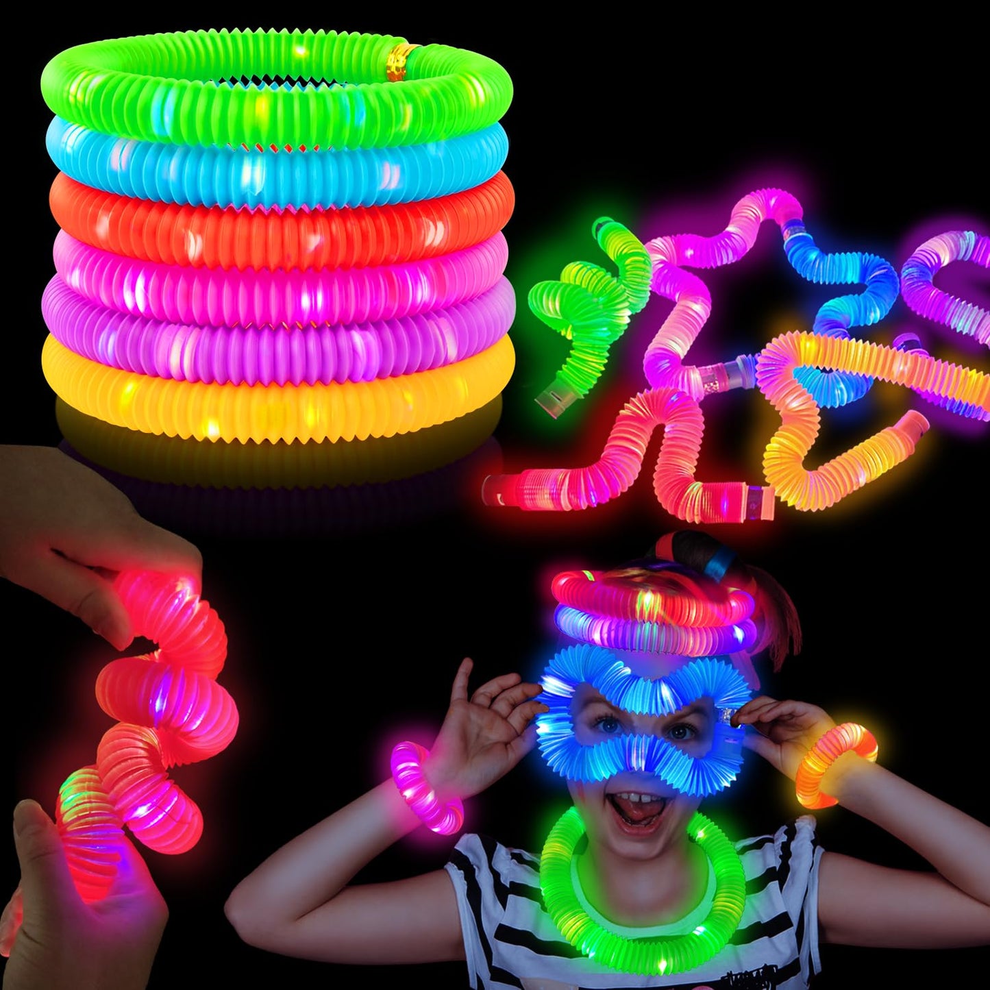 Glow Sticks Camping Essentials for Toddlers-6 PCS Light Up Pop Tube Party Favors Toys Gifts for Kids Halloween,LED Bracelet Necklace Accessories,Fun Camp Games Activities Gear Stuff for Boys Girls
