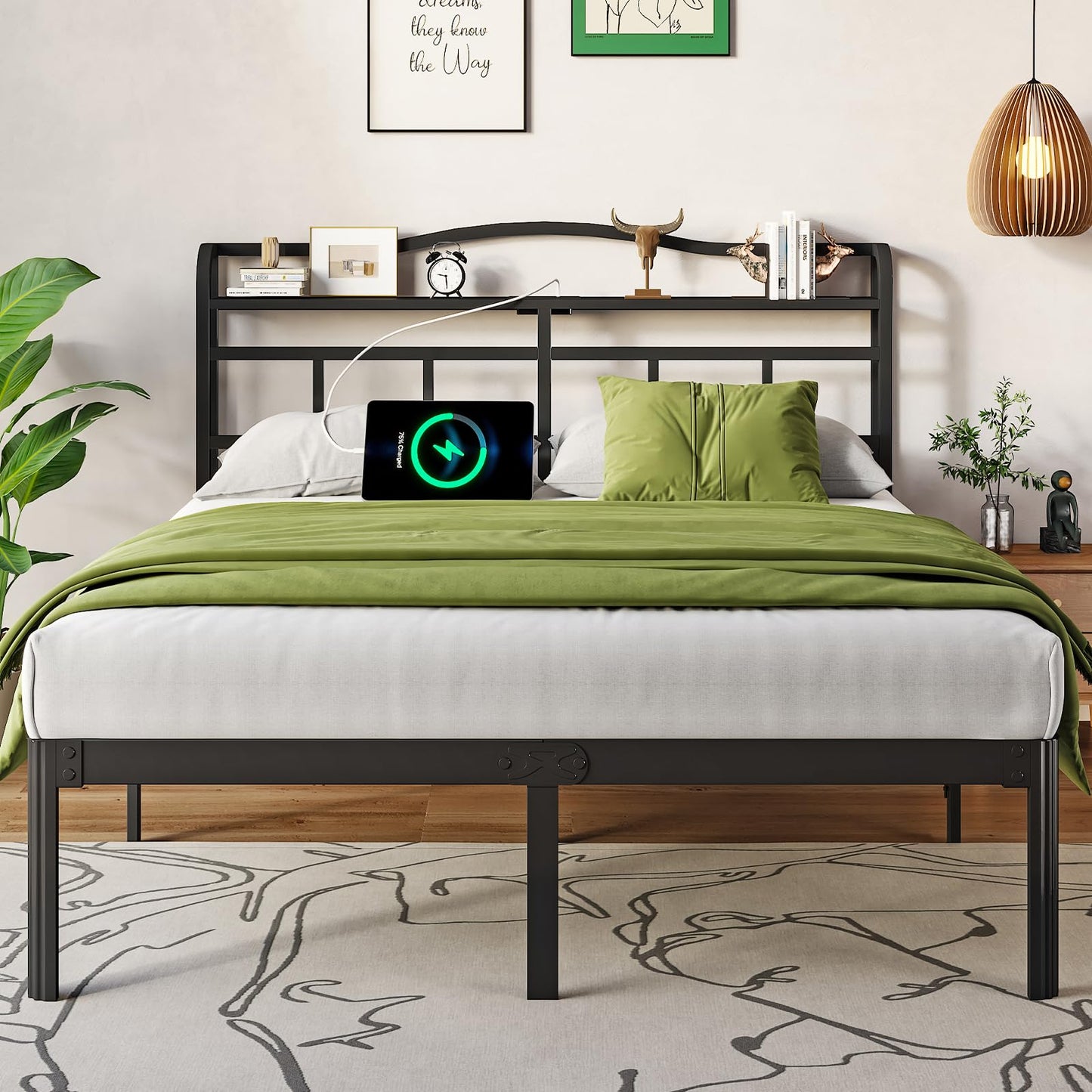 OSASET Queen Bed Frame - Queen Bed Frame with Headboard and USB & Type C Charging Station, Heavy Duty Metal Bed Frame No Box Spring Needed with Ample Storage Space - Easy Assembly and Noise Free