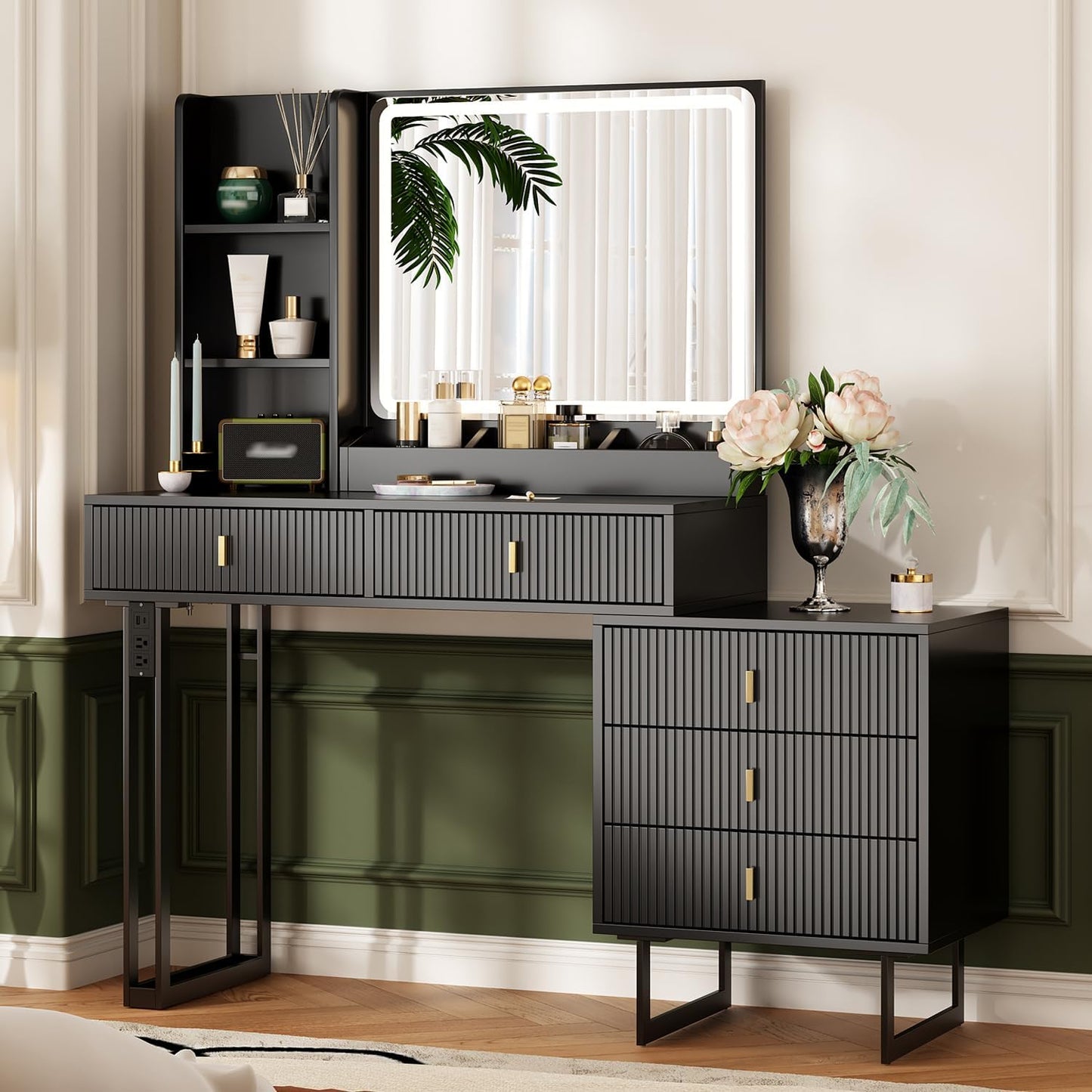 Large Vanity Desk with 3 Color Touch Screen Dimming Mirror, Vanity Desk with Charging Station, Modern Retractable Makeup Dressing Table, Makeup Table With storage shelves and 5 Sliding Drawers, Black