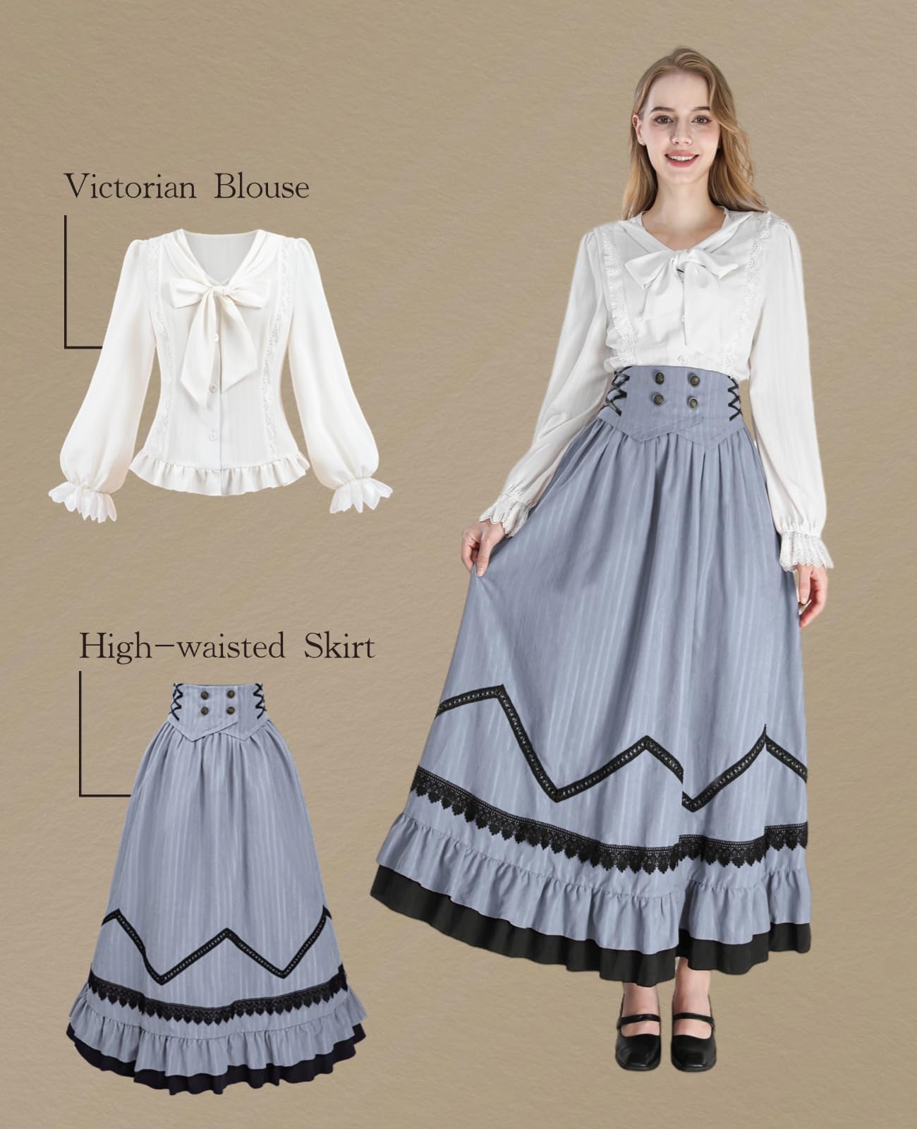 NSPSTT Victorian Dress for Women Renaissance Costume Medieval Outfit Maxi Skirts Blouse 2 pcs Set