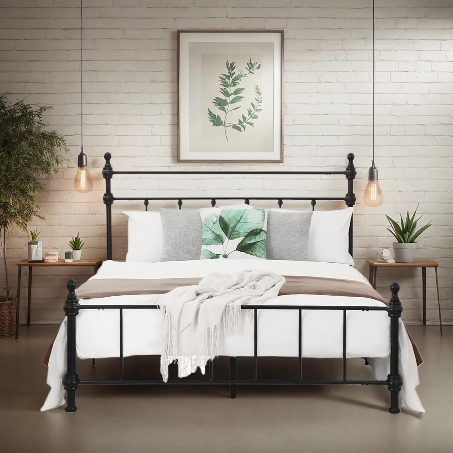 Queen Size Bed Frame, Metal Platform Bed with Straight Headboard, Retro Luxury Roman Column, Easy Set up, No Box Spring Needed, Storage Space Under-Bed（Queen）