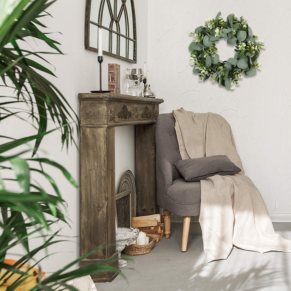 FULANDL 2PCS Artificial Eucalyptus Wreath, 11" Faux Green Leaves Wreath Farmhouse Greenery Wreath, Round Eucalyptus Wreath Outdoor Green Garland for Front Door Wall Hanging Window Decor