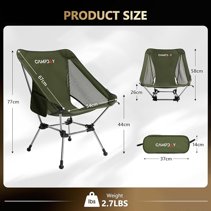 Campday Camping Chair Portable Hiking Ultralight Backpacking Small Lightweight Folding Chair for Outdoor Camp Hunting Beach Picnic Concert, Supports 330lbs (Green,1PCS)