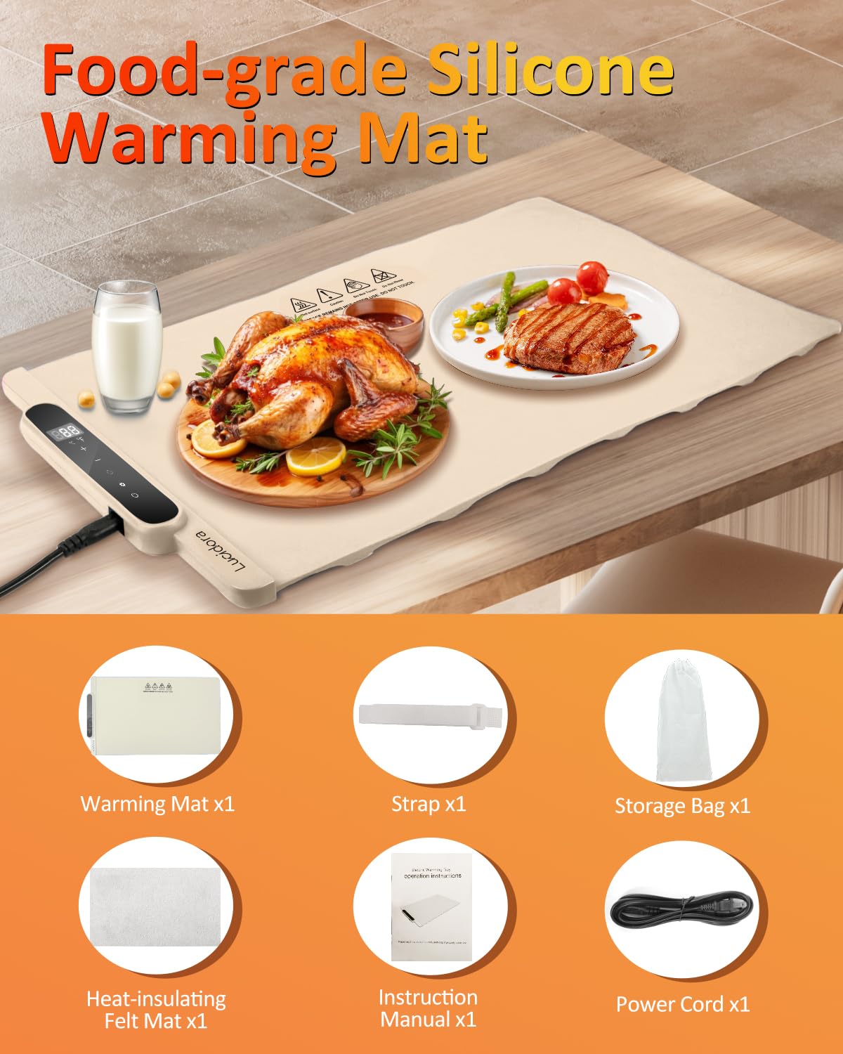 Lucidora Food Warming Mat, Electric Rollable Food Warmer 10 Levels Temperature & 10-Hour Timer Large Warming Tray with Child Lock for Parties & Buffet, Extra-Long 6.5ft Cord, Creamy White