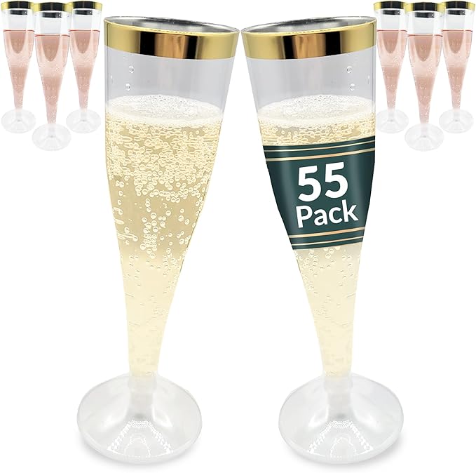 Reli. Champagne Flutes Plastic | 55 Pack | 4.5 oz - Gold Rim Clear | Premium Plastic Champagne Flutes | Party-Perfect for ...
