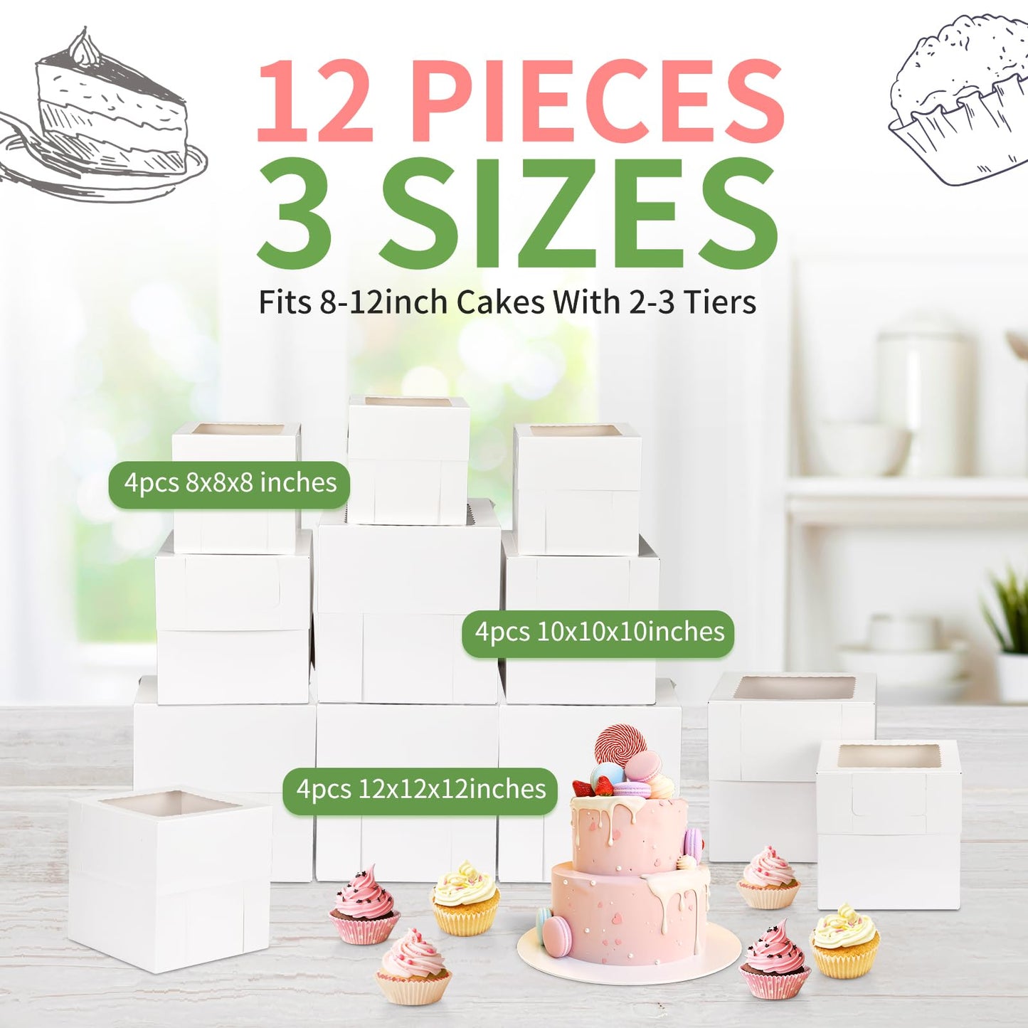 Moretoes 12 Pcs Cake Box, Tall Cake Boxes with Window in 3 Sizes 12x12x12 10x10x10 8x8x8 Inches, Bakery Boxes Disposable Carrier Take Out Container, 2 or 3 Tier for Valentine's Day Mother's Day