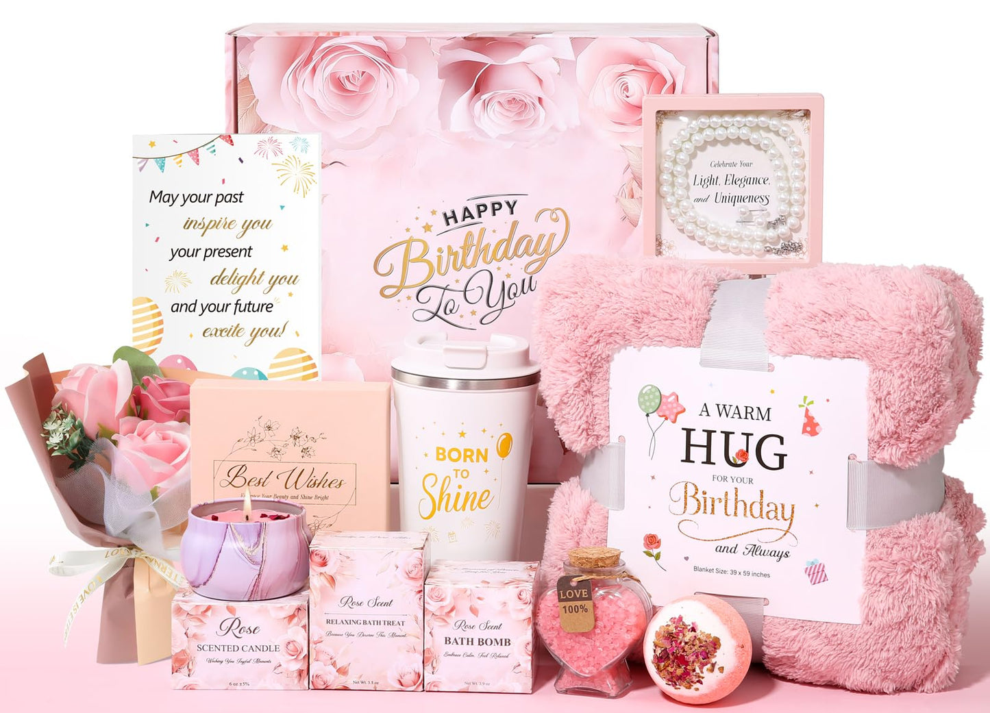 Birthday Gifts for Women, Unique Birthday Gift Basket for Women, Thoughtful and Relaxing Birthday Gifts for Mom, Wife, Sister, Best Friend, Her Self Care Box, Luxury Gift Set (Pink)
