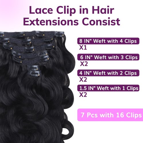 IDN BEAUTY Clip in Hair Extensions Real Human Hair Body Wave 120g Natural Black Double-layer Lace Clip In for Black Women Soft Breathable Lace Invisible Seamlessly Blending 7pcs 16 Inch