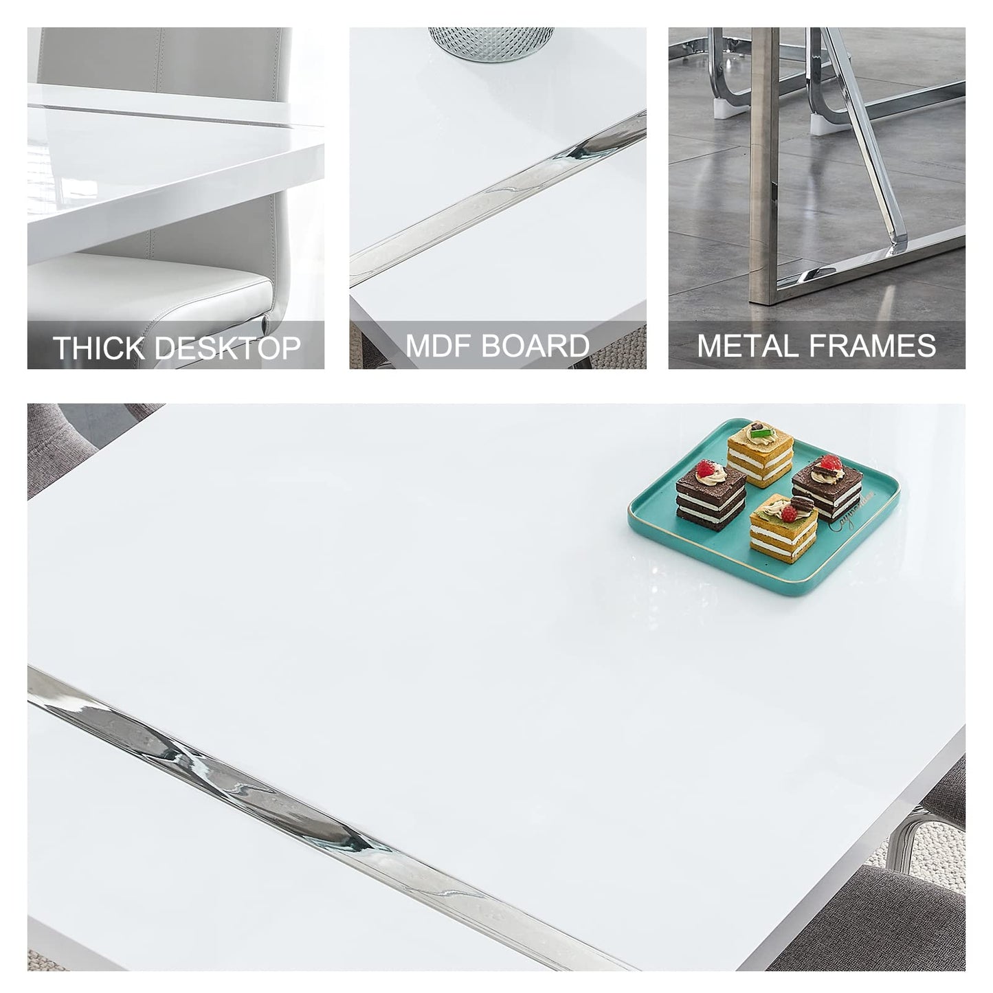 Dining Table Set for 4，White Rectangular MDF Kitchen Table and Leather Dining Chairs Set of 4, 5 Piece Dining Table Set，Modern Metal Frame Dining Room Table Set 4 with Metal Frame For Kitchen