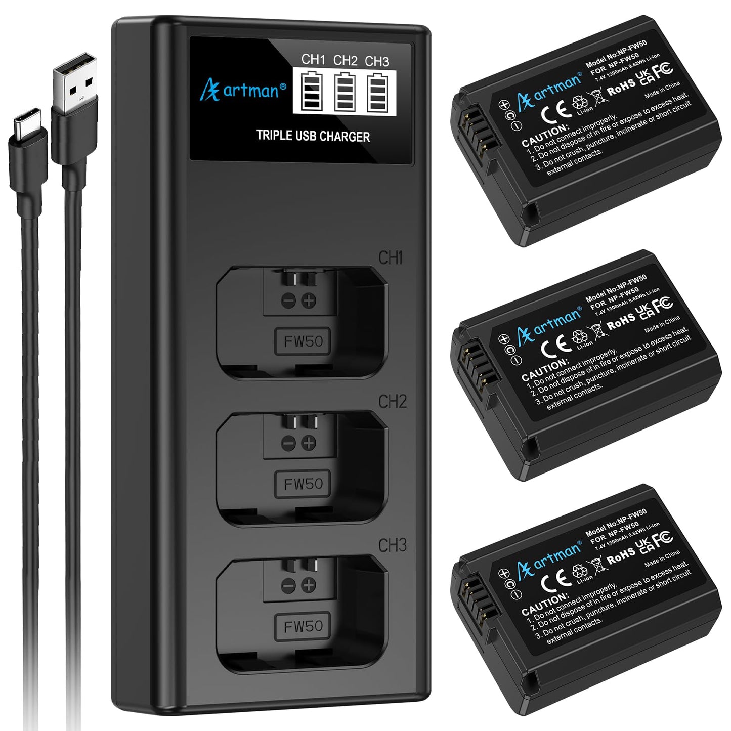 Artman NP-FW50 Battery 3-Pack and Upgraded 3-Slot ZV-E10 Battery LCD Charger for Sony ZV E10, Alpha A6500 A6400 A6300 A6000 A5100 A5000, A7S II, A7S, A7R II, A7R, A7 II, A7, RX10 II III IV Cameras