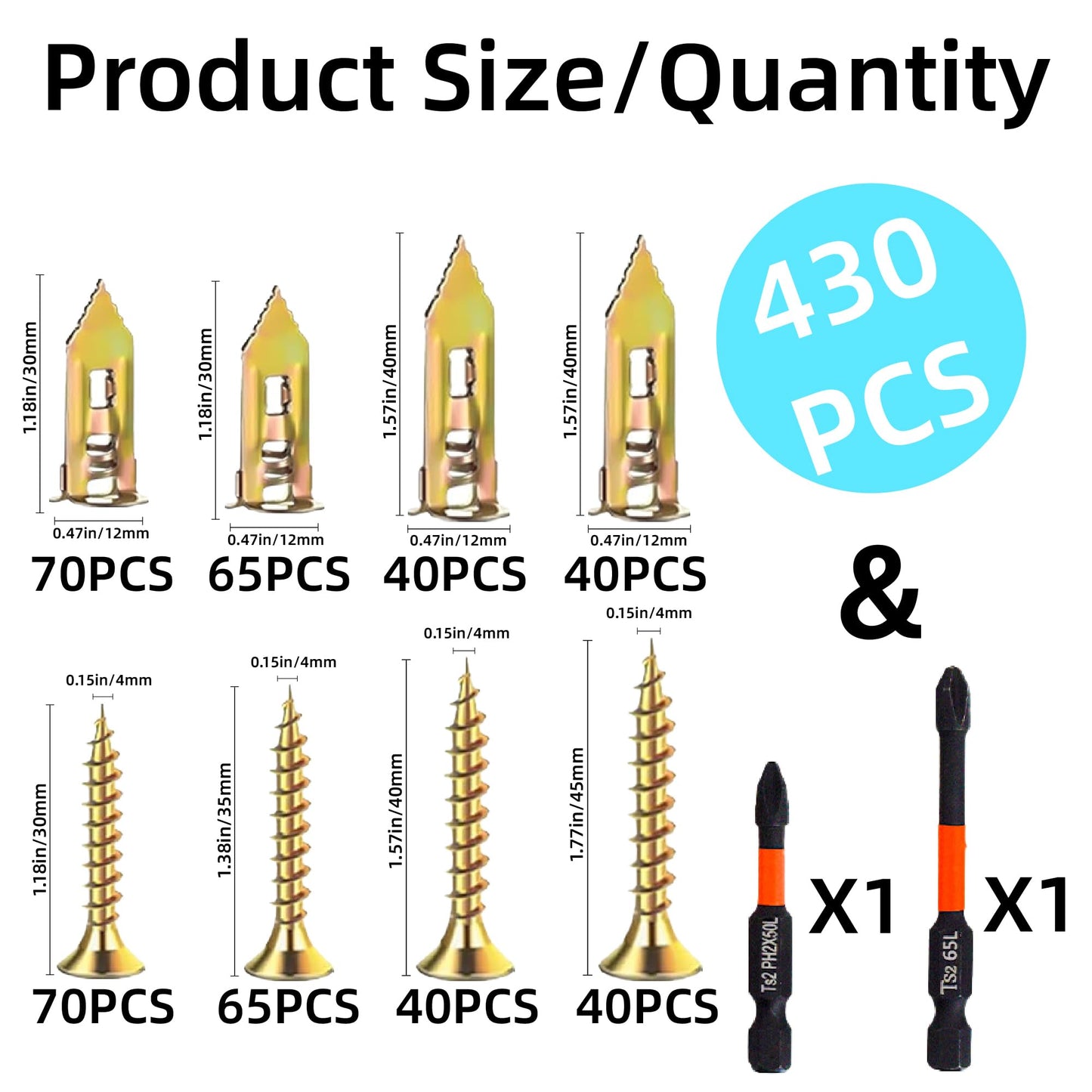 430 PCS Self Drilling Drywall Anchors with Screws Kit,2 Sizes Sheetrock Anchors & 4 Sizes Zinc Expansion Screws with 2 Drill Bits - Zinc-Plated Steel Material - No Drill Required Holds Up to 75LB