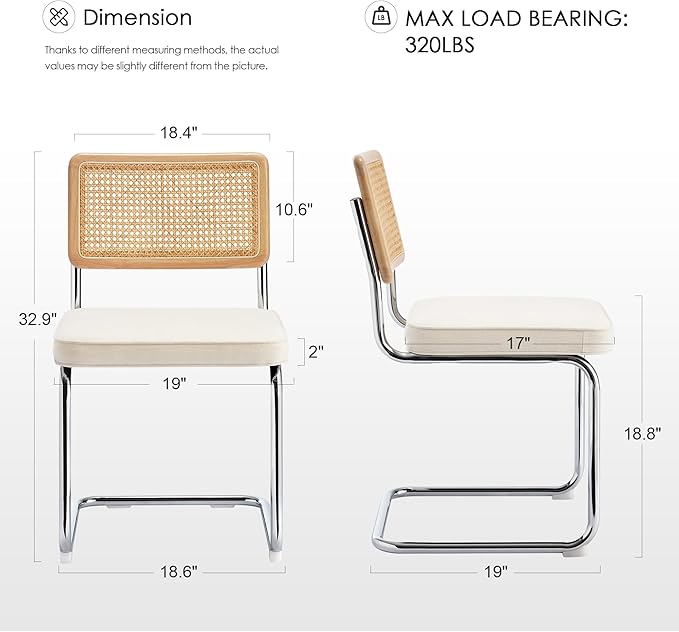 Zesthouse Natural Rattan Dining Chairs Set of 4, Mid Century Modern Dining Chairs with Solid Wood Back & Chrome Base, for Kitchen Living Room, Breuer Design Inspired, Upholstered Linen Fabric, White