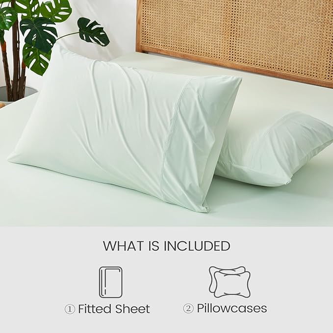 Cozy Bliss Premium Cooling Sheet Set Cali King Size, Q-Max>0.4, 3PCS No Flat Sheet with 2 Pillowcases, Breathable Fitted Sheet for Hot Sleepers & Night Sweats, Deep Pocket Up to 18 Inches, Mint Green