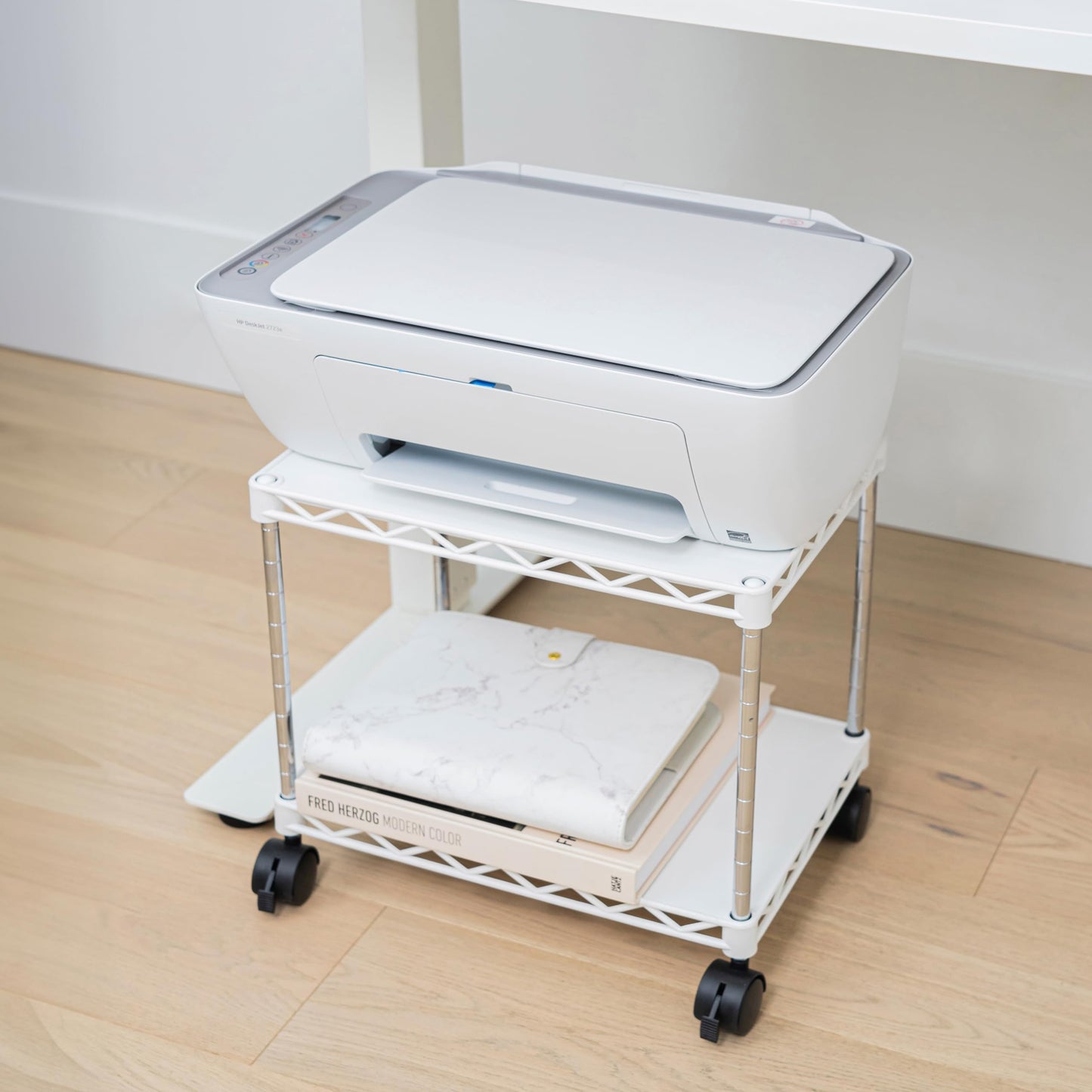 ZBRANDS Printer Stand, Mini, White, 15" x 10.6", Portable Electronic Device Stand for Small Spaces, 40lbs Capacity, Rolling Cart with Wheels, Home Printer Stand, Copier Stand