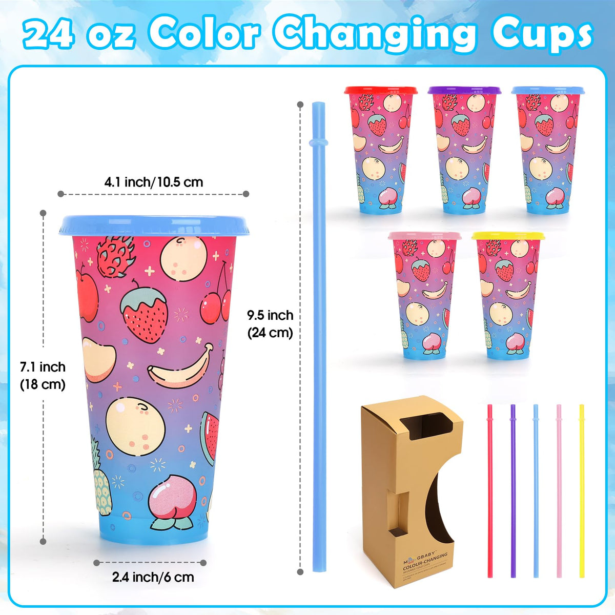 Ftabernam Color Changing Cups, 5-Pack 24 oz Plastic Cups with Lids and Straws, Reusable iced coffee cup for Women, Adults, Kids Party, Cute Cup for Ice Drink