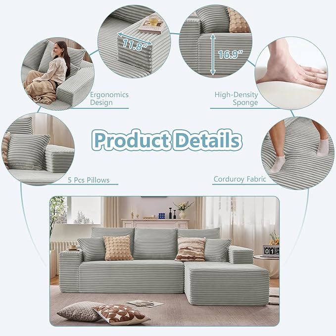 107" W Cloud Sectional Couch with L-Shape Chaise, Modern Corduroy Boneless Couch for Living Room,Memory Foam Sofa with Deep Seat,No Assembly Required (Grey,Right-Facing Chaise)