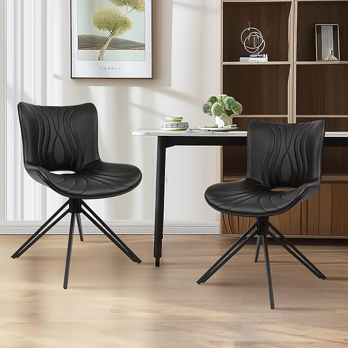 VATROS Dining Chairs Set of 6, 360° Swivel Upholstered Mid-Century Modern Kitchen Dining Room Chairs, Armless Faux Leather Accent Side Chair with Padded Back, Metal Legs for Living Room,Black