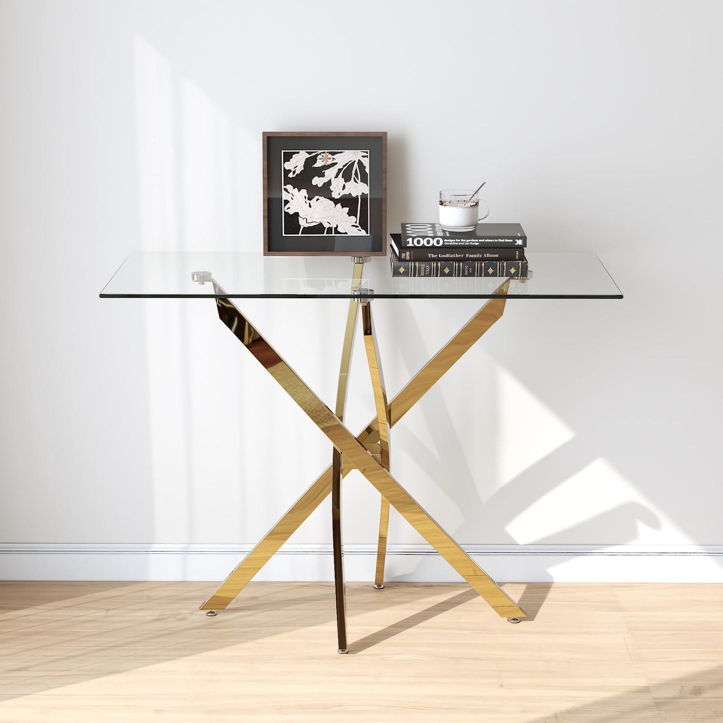 NIERN Tempered Glass Console Table with Chromed Legs, Modern Narrow Sofa Table for Hallway Entryway (Gold, 39"x18"x30")