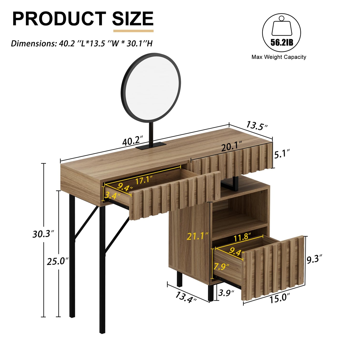 UEV Wood Vanity Desk with Mirror,Makeup Vanity Set with Drawer Chest,Vanity Dressing Table Makeup Desk Set with Storage Space for Bedroom(Wood)