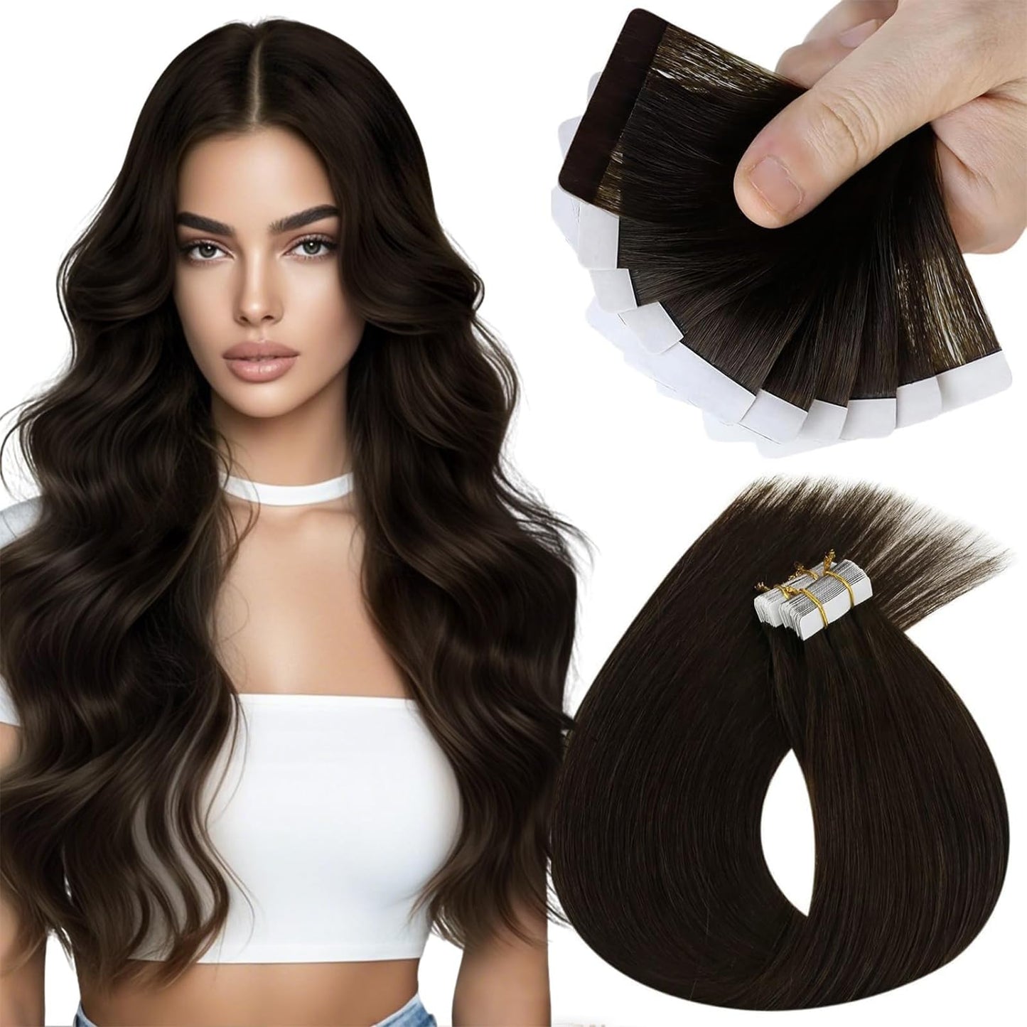 Sunny Hair Tape in Hair Extensions Real Human Hair Invisible Remy Hair Extensions Tape ins for Women Dark Brown 24 inch 25G