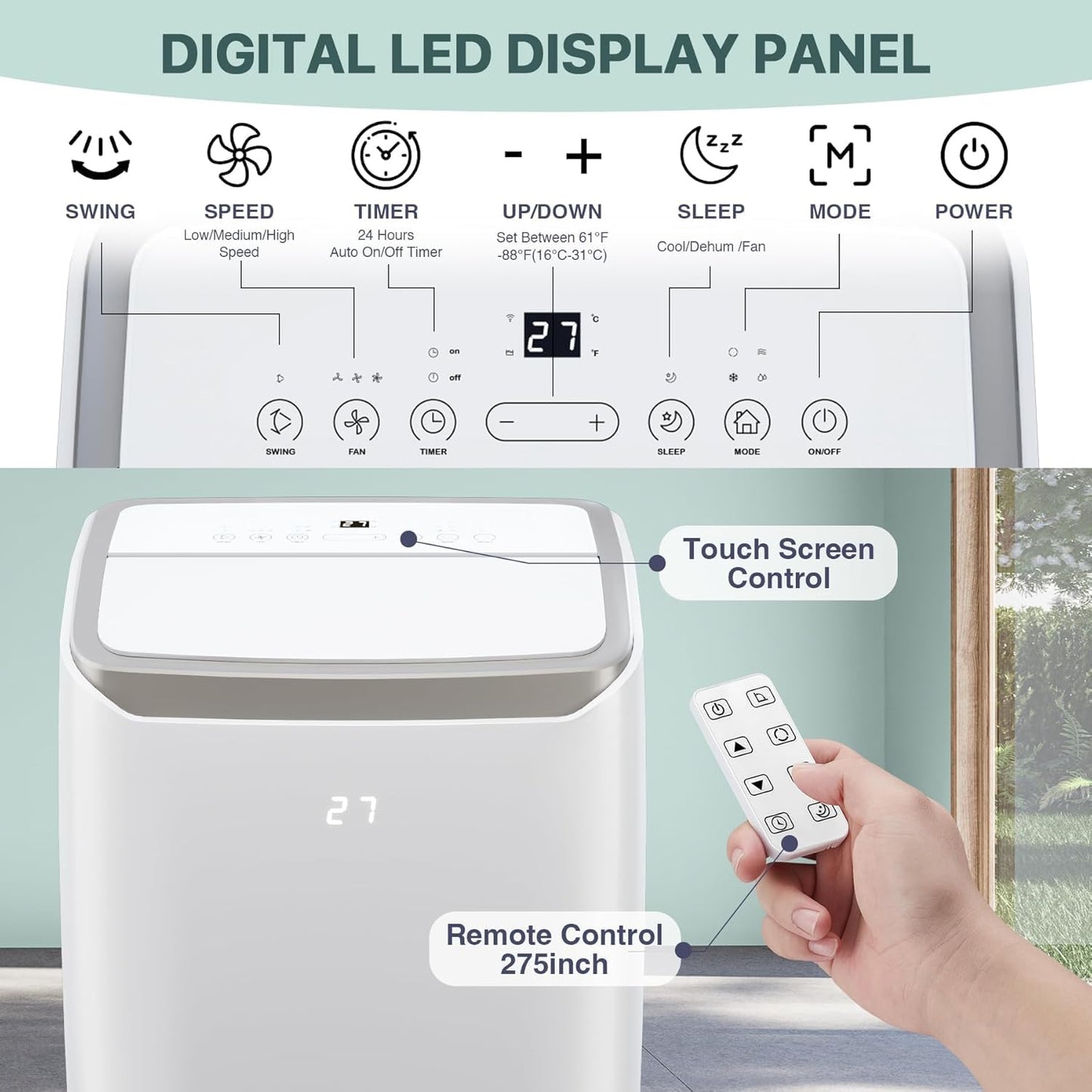 Garvee 14,000 BTU Portable Air Conditioner for Room Up to 750 Sq.Ft, 4 in-1 AC Unit with Cooling, Fan, Dehumidifier & Sleep Mode, Remote Control & Window Kit Included for Home, Office, Apartment,White