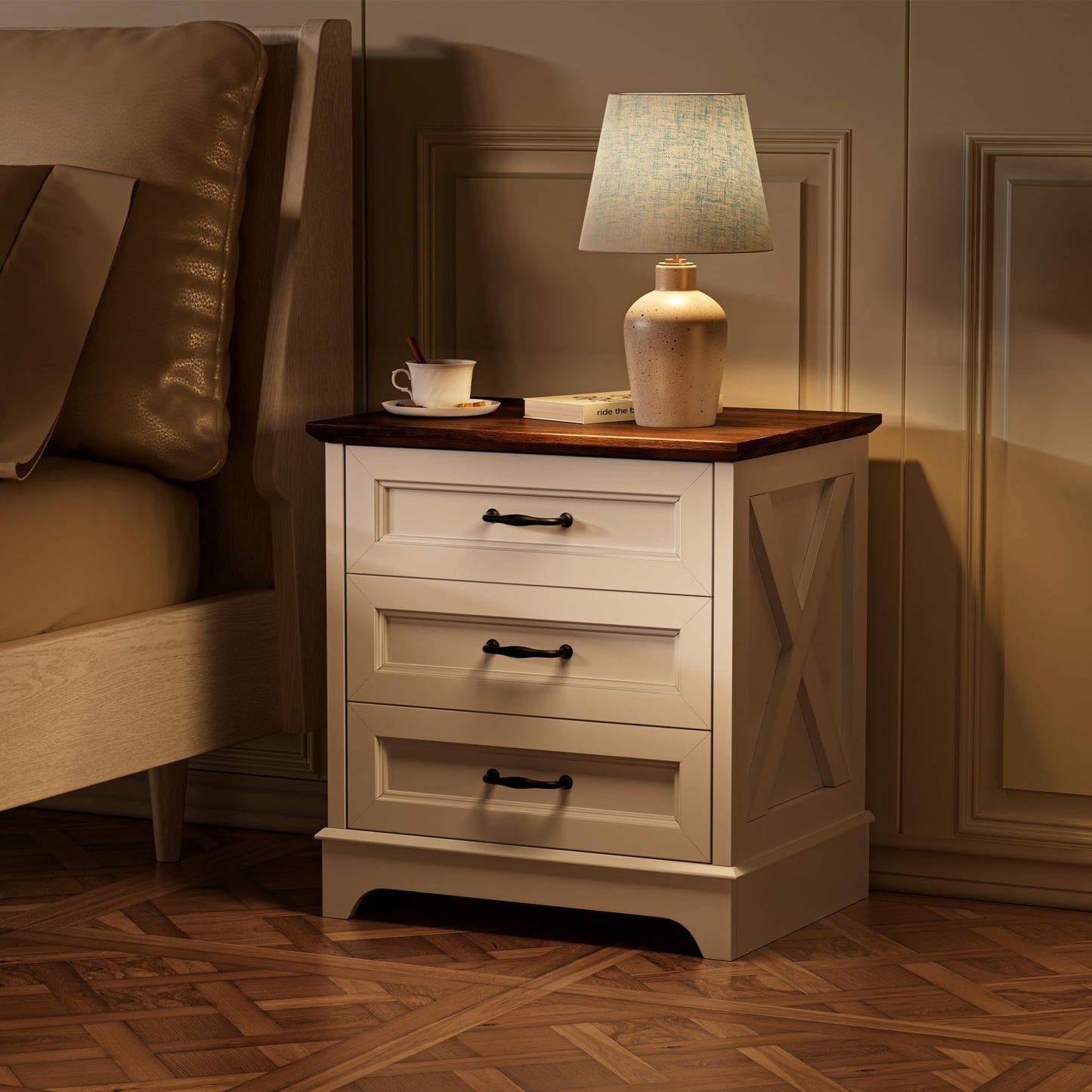 GRUSIGN Nightstand with Drawers - 22.44" Wide End Table with 3 Large Drawers & Bar Handles, Small Rustic Wood Chest of Drawers for Bedroom, Living Room, Closet
